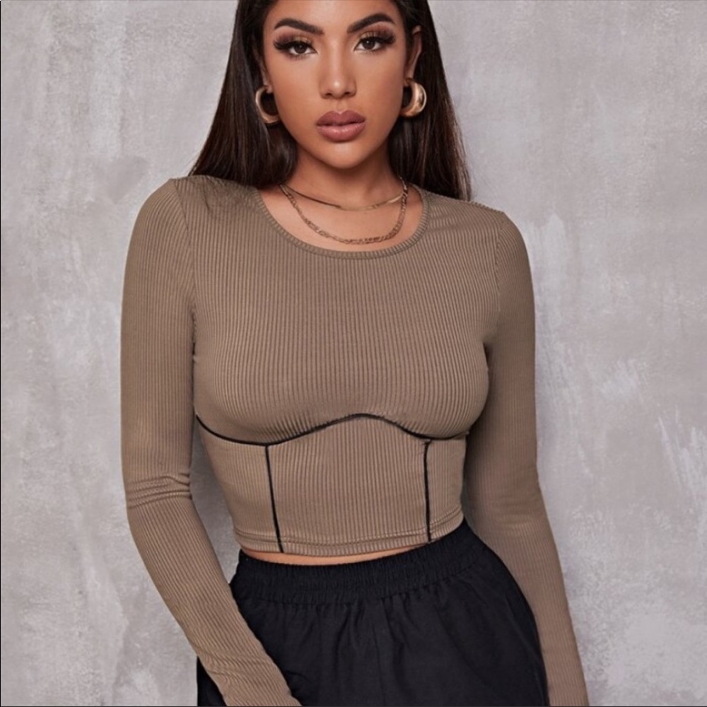 SHEIN Cropped Ribbed Corset Contrast Piping Top Brown Size XL / 12